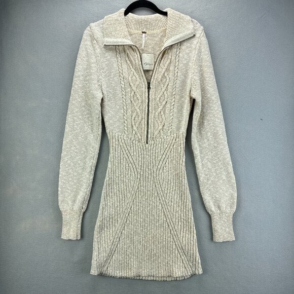 Free People Sweater Dress Womens Large Oatmeal Cable Knit Mini Boho Mont Blanc - Picture 1 of 16